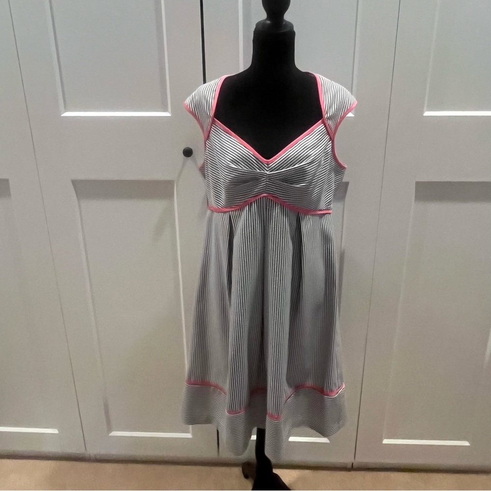 London Times Sundress Pink Trim Striped Cotton Open Back V-Neck EUC Size 14